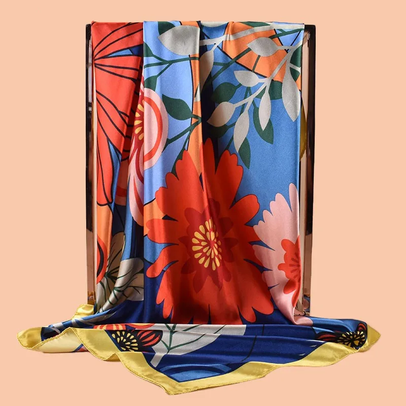 Ladies Silk Square Scarves Fashion Women Hijab Shawls Flower Print Kerchief Femme Head Scarf Foulard Bandana Beach Pareo 90*90cm