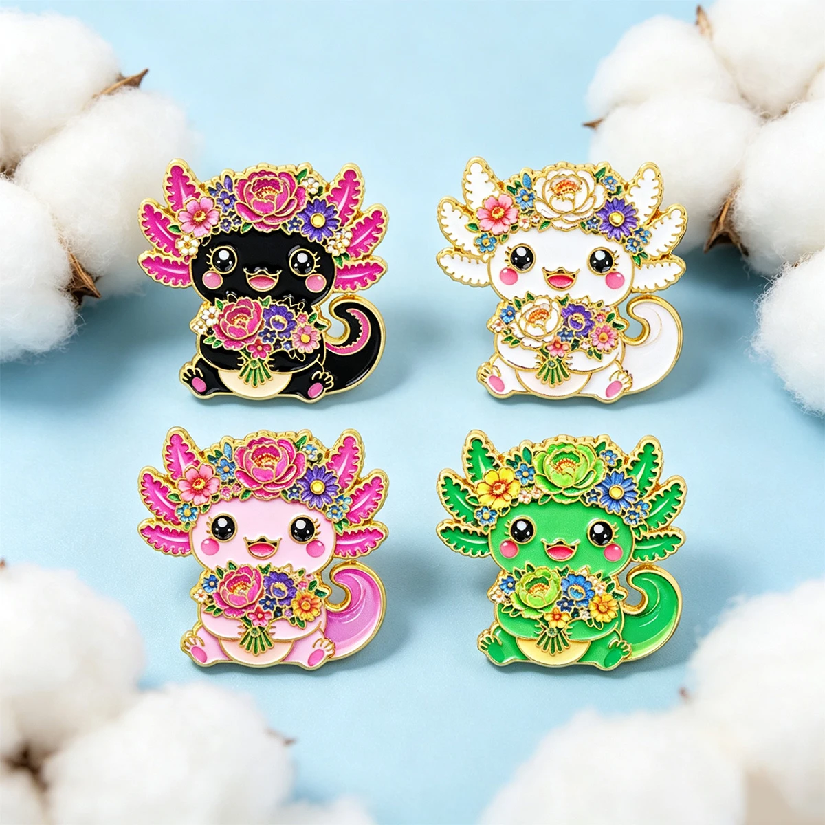 4pcs Lovely Flower Axolotl Enamel Pin Set Cartoon Salamander Badge Brooch For Jackets Bags Clothing Collection Gift