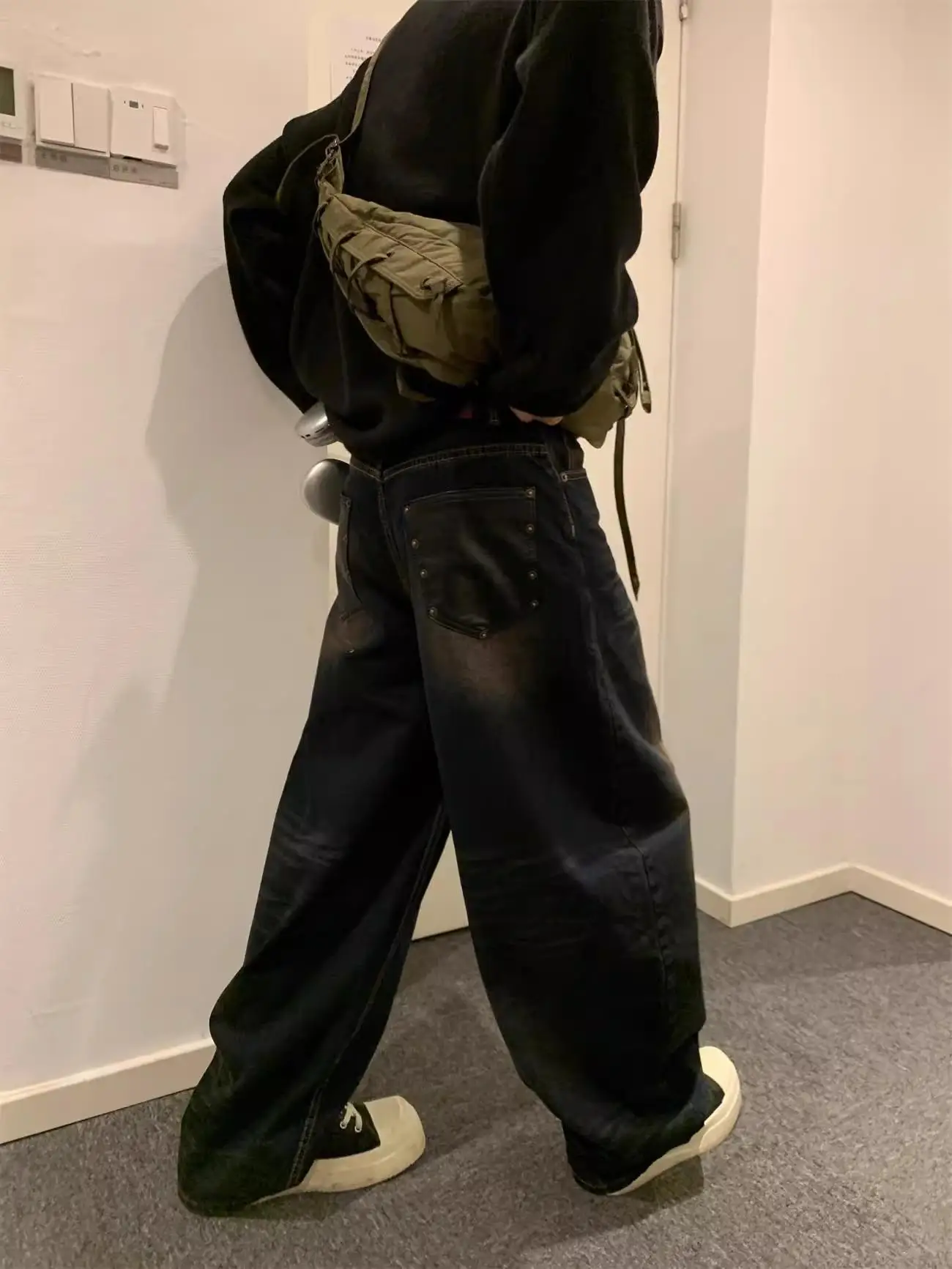 

American Retro Heavy Du Rivet Leather Splicing Wide Blade Jeans Men Street Loose Straight Leg Floor-Length Wide Leg Pants