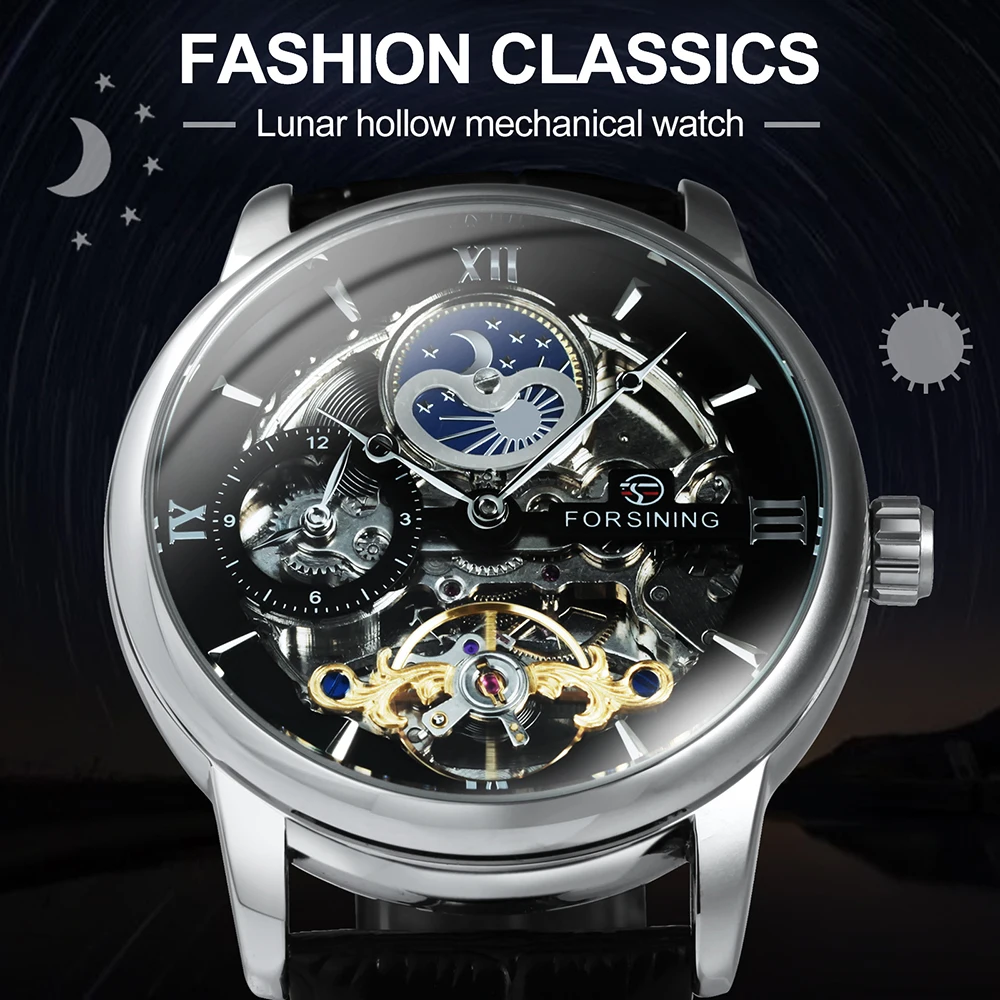 Forsining Men's Watches Hollow Design Genuine Leather Strap Tourbillon Lunar Phase Top Notch Automatic Mechanical Watch for Men