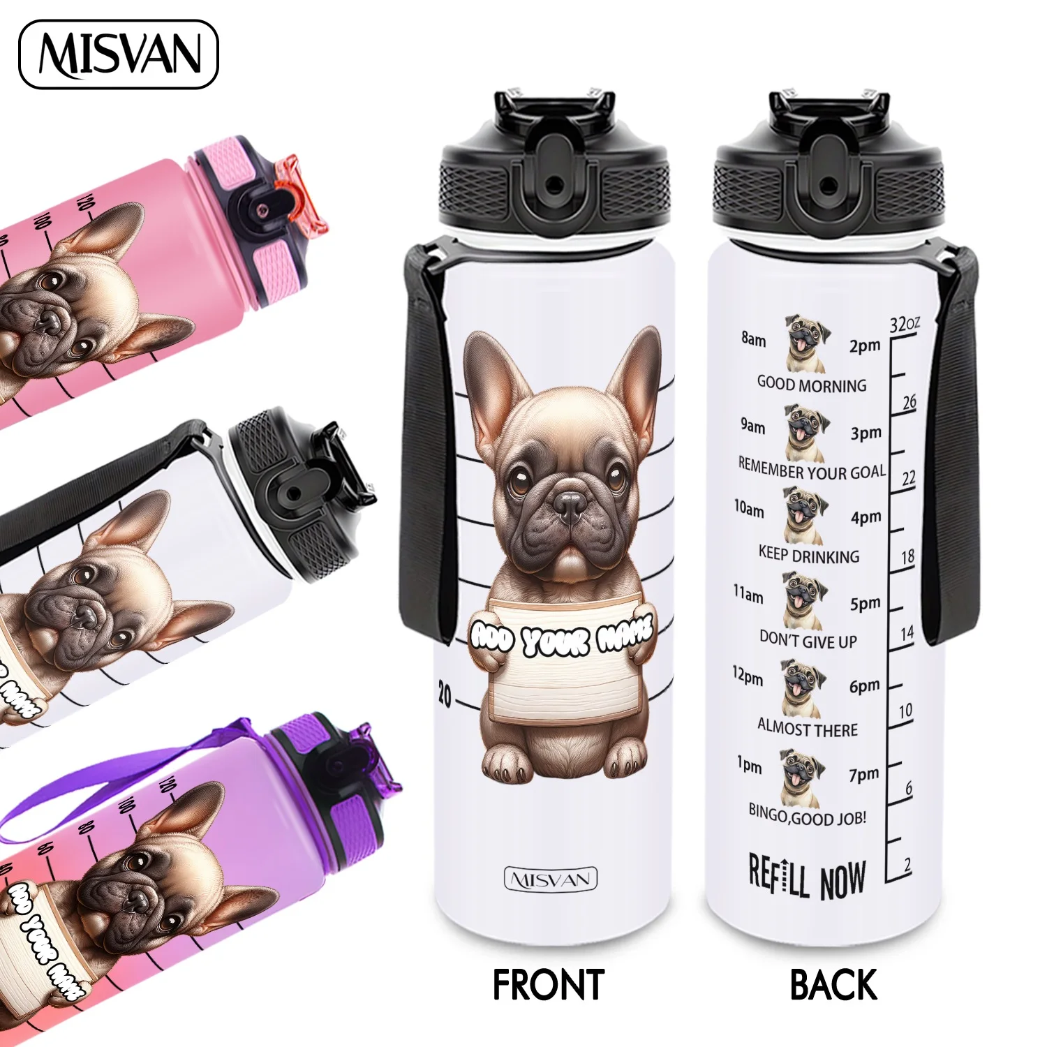 

1 шт., милая бутылка для воды с мультяшным французским бульдогом и напоминанием о необходимости пить, 32 унции, градиентная, герметичная, с HD-рисунком, не осыпающийся, идеальная