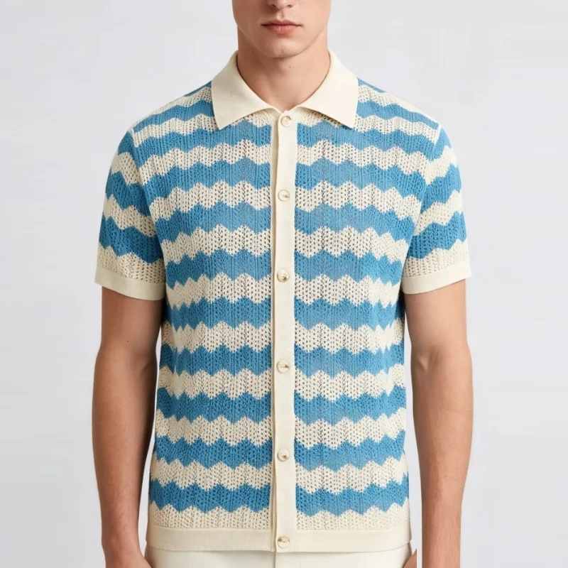 Men Wavy Striped Hollow Knit Shirts Summer Lapel Button Down Short Sleeve Cardigan Casual Breathable Crochet Mesh Shirt Tops