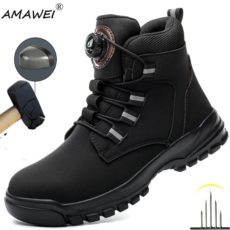 

Защитная обувь с вращающейся пряжкой, мужская рабочая обувь со стальным носком, противоударная, противопрокольная, неразрушимая обувь, водонепроницаемые защитные ботинки