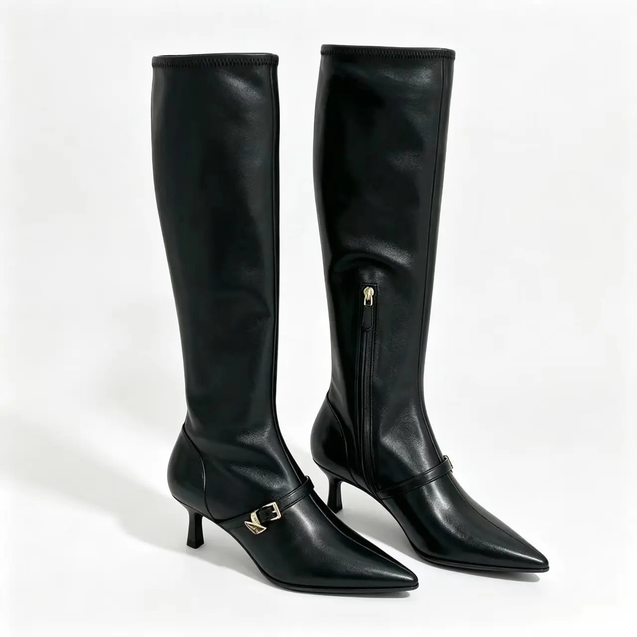 Autumn New Arrivals Women Black Knee High Boots Pointed Toe Stiletto Heels Side Zipper Buckle Strap Fashion All Match Long Boots