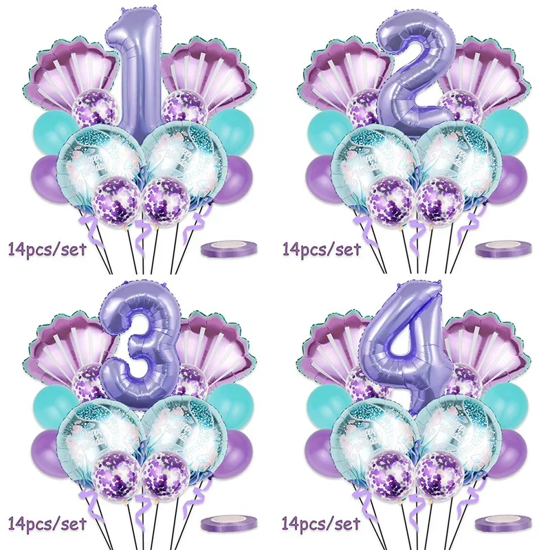 32inch Mermaid Birthday Balloons Set Purple Shell Foil Number Ballon Happy Girls Little Mermaid 1st 2nd 3rd 4th Birthday Balloon