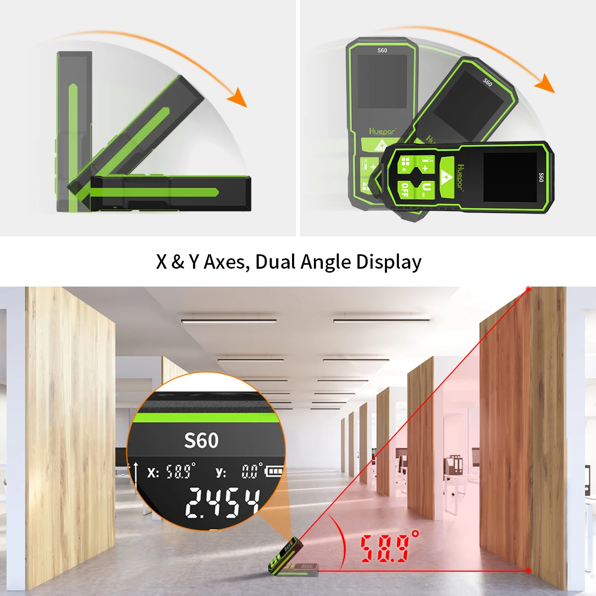 Télémètre Laser Numérique Huepar 60M Mesureur Laser Avec Rétro-Éclairé LCD Ruban à Mesurer Outil de Test S60