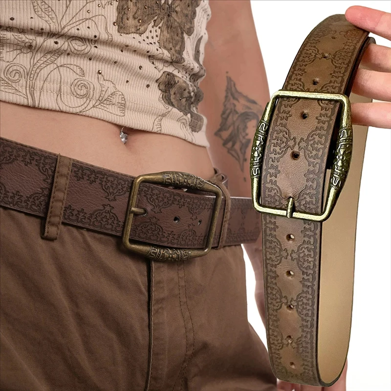 Retro Pattern Print Belts Women Pu Leather Designer Brand Buckle Pin Waist Belt Y2K Vintage All-Match Waistband Accessories