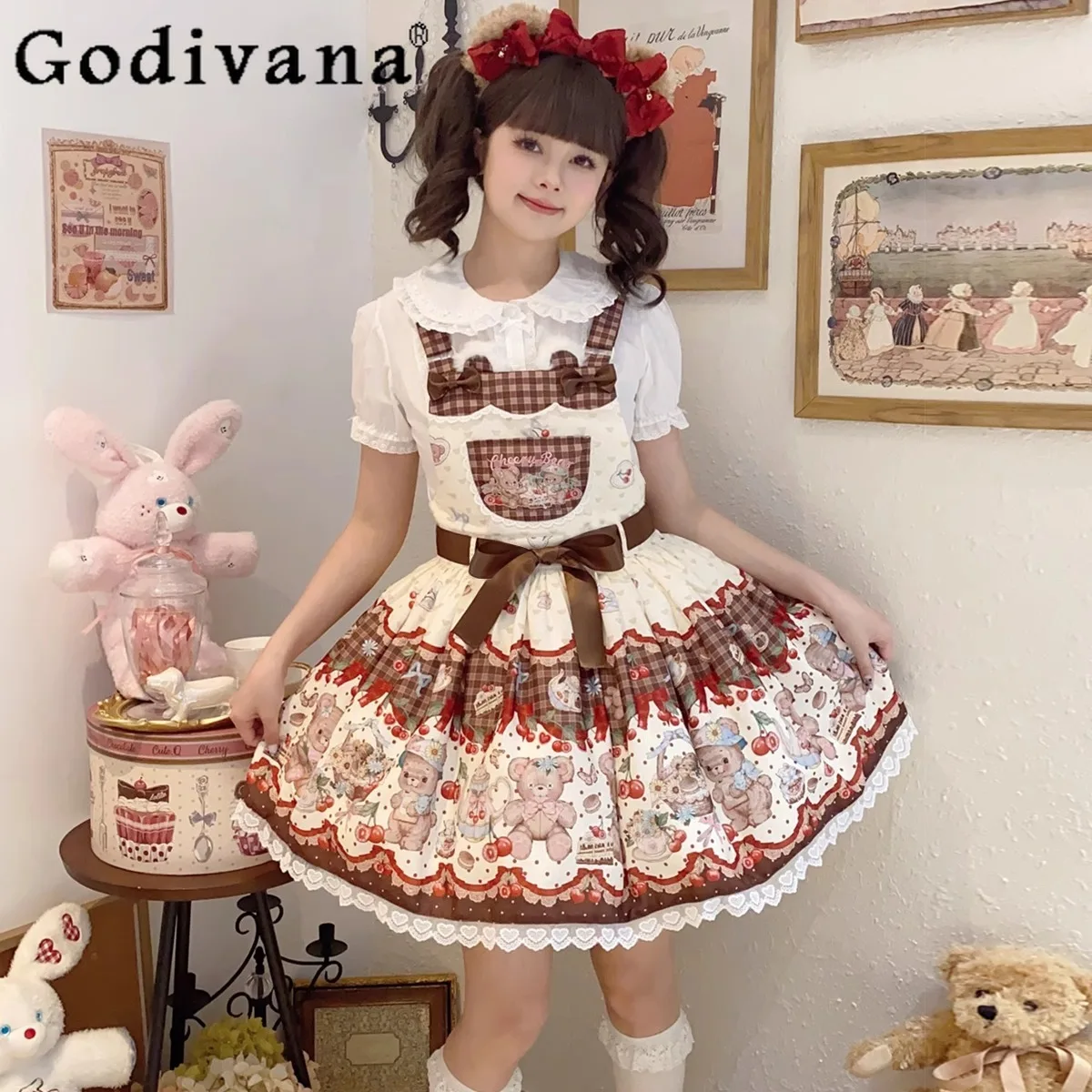 

Original Japanese Lolita Style Strap Dress Jsk Summer New Cute Bow Bear Print Kawaii Mini Dress Girls Daily Birthday Party Dress