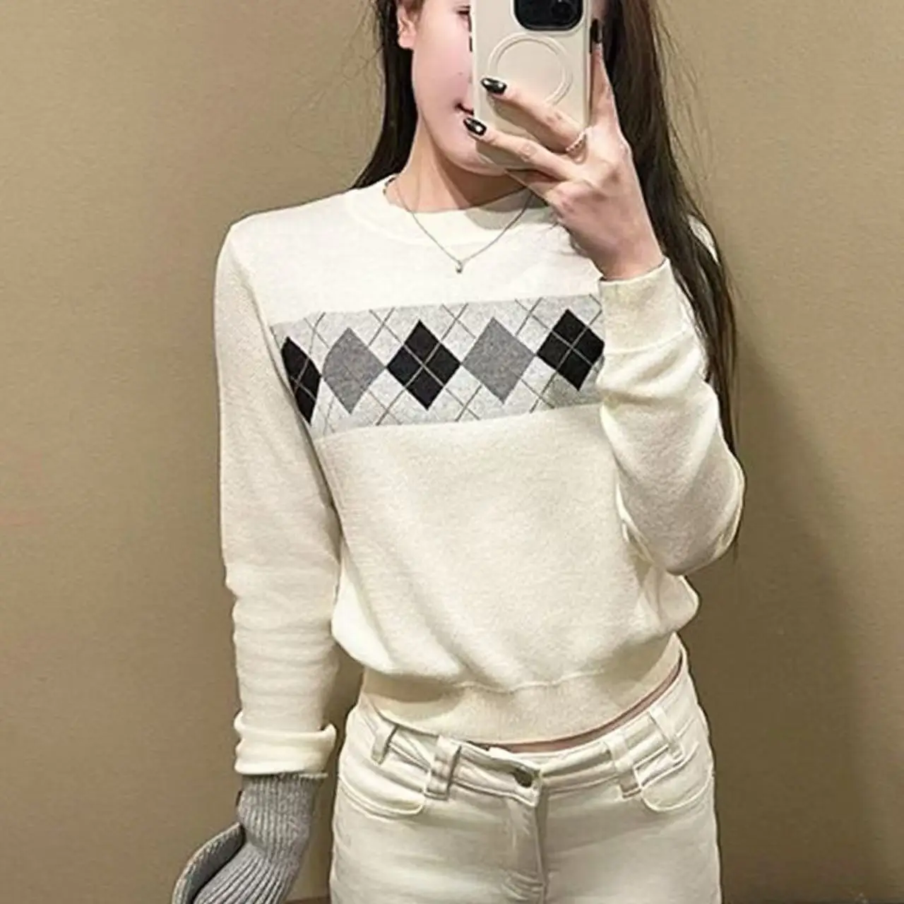 American Women's Argyle Pattern Crew Neck Sweater, Beige/Brown Slim Fit Knitted Pullover, Preppy Casual Style for Autumn Winter