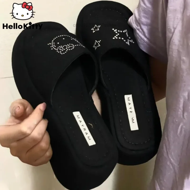 Hot Diamond Hello Kitty Star Slippers with Thick Sole Y2k Cute Cartoon Trend Home Sandals for Women Summer Outwear Beach Shoes