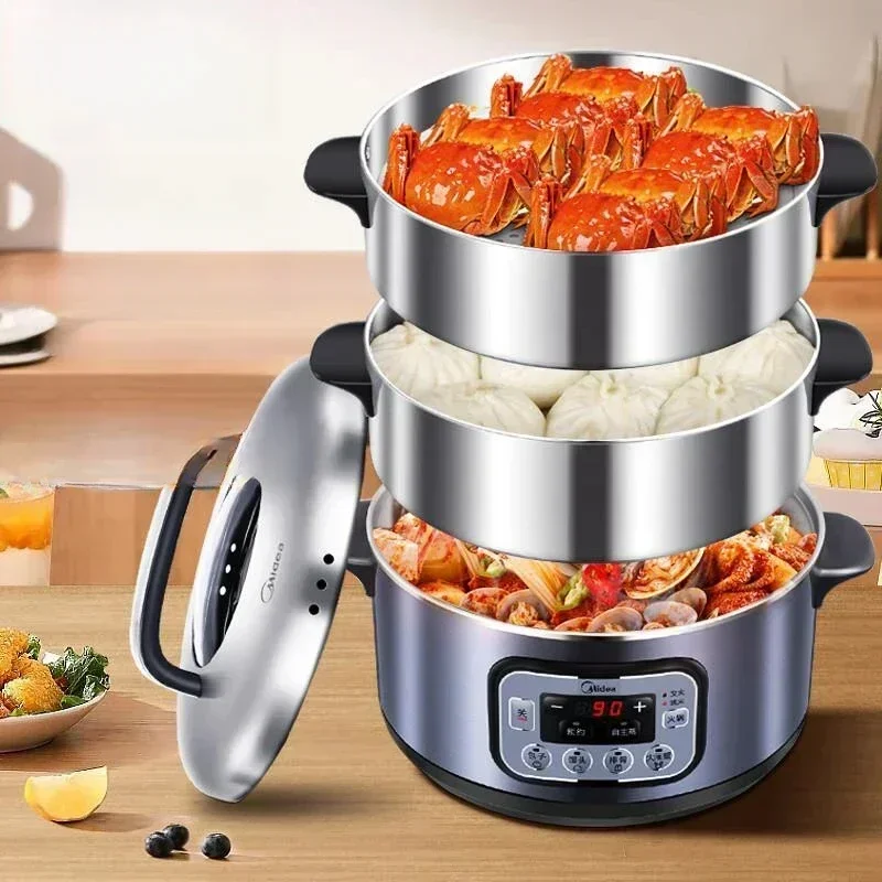 for Cooking Food Warmer on Table 3 Layers Steamer Cooker Stainless Machine Food Steamer 220V Midea 14.8L Electric Steamer Oven