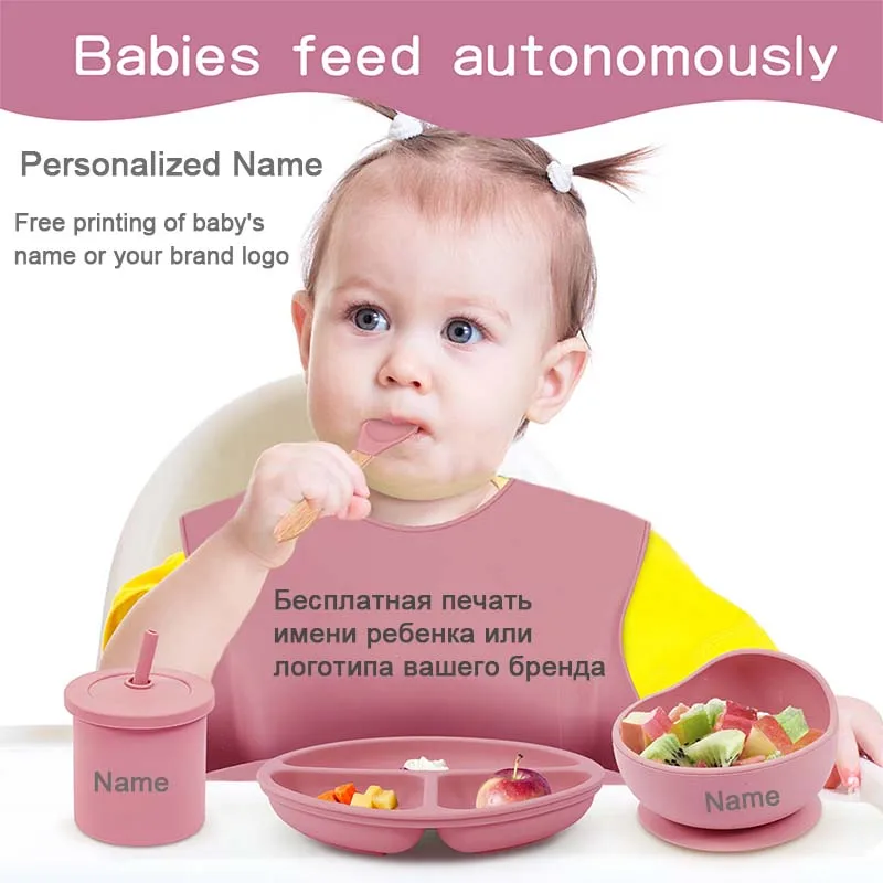 8PCS/Set Baby Silicone Sucker Bowl Plate Cup Bibs Spoon Fork Set Personalized Name Round Dining Plate Kids Feeding Dish BPA Free