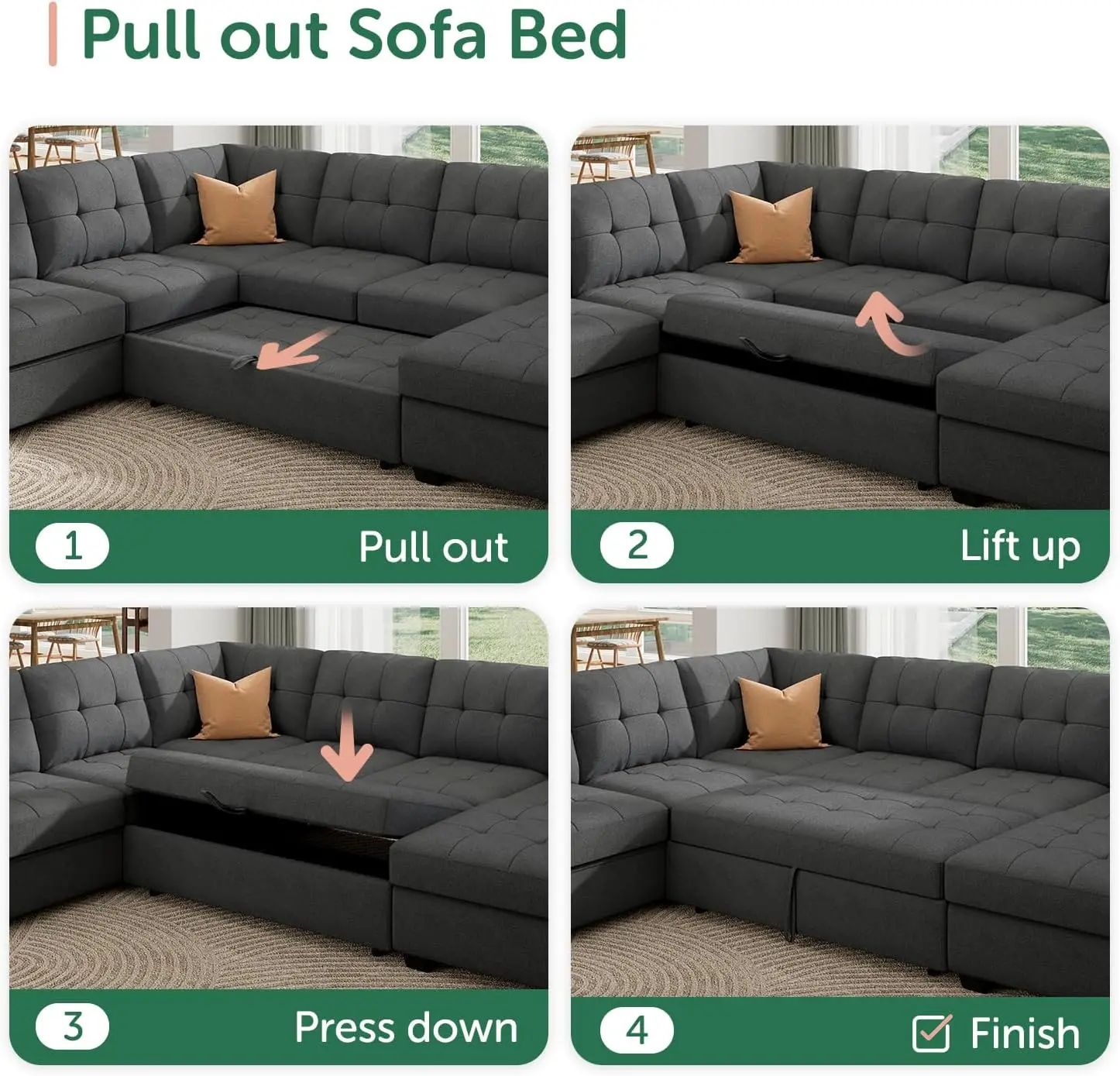 Sectional Sleeper Sofa Pull Out Bed with Storage, Sleeper Sectional Sofa Couch, Sectional Sleeper Bed for Living Room, Dark Grey image 6