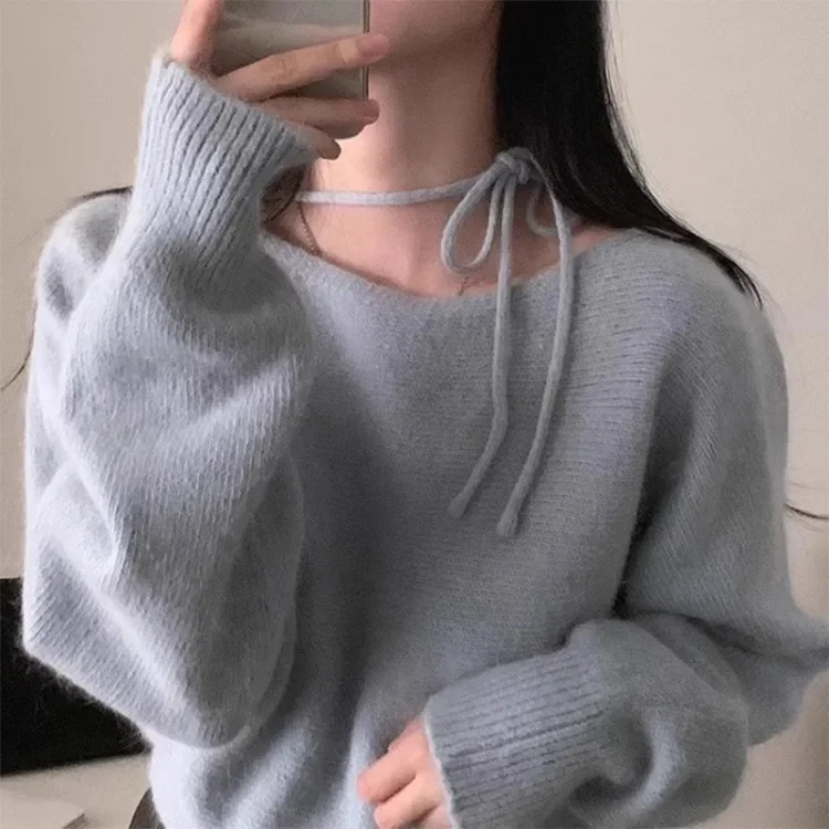 

Осень-зима 2022, новые топы на шнуровке с круглым вырезом, женские свободные вязаные пуловеры с длинными рукавами Y2k, повседневные универсальные свитера Mujer