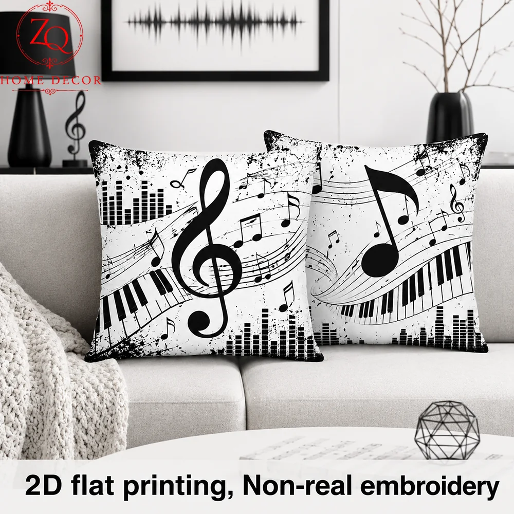 Piano Keyboard Cushion Cover Peach Skin 2D Flat Printed Musical Note Pillowcase Black And White Pillow Case Sofa Bed Room Decor