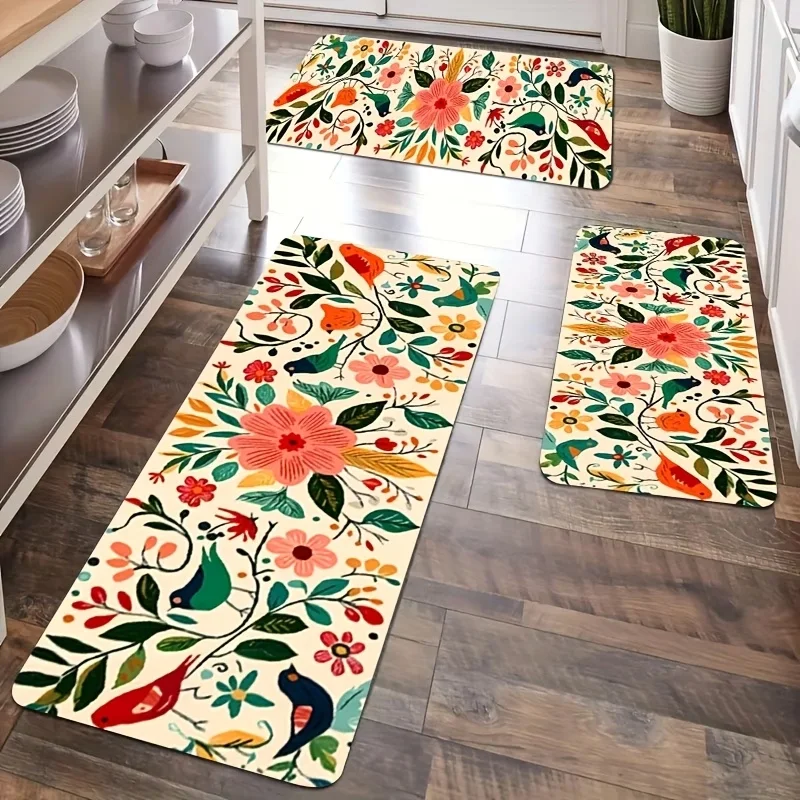 Boho Floral Bird Kitchen Mat - Non-Slip Runner Rug, Colorful Flower & Bird Print, Hallway Carpet & Floor Mat for Cottage Decor