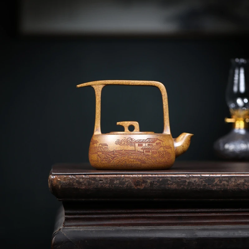 340ml Yixing Purple Clay Teapots Handmade Lifting Handle Pot Raw Ore wood-fired porcelain Mud Tea Brewing Kettle Zisha Tea Set