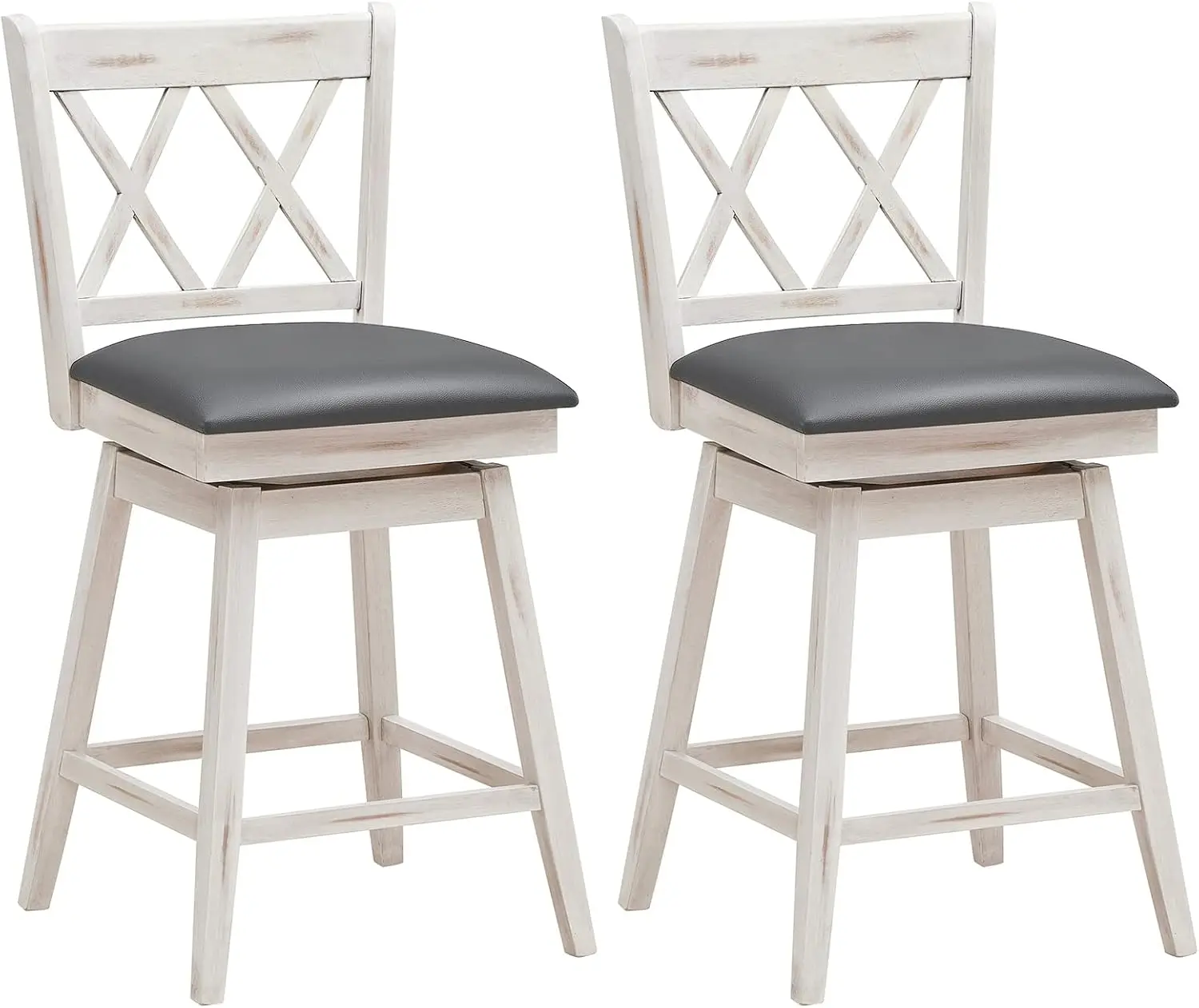 Bar Stool Set of 2, 360° Swivel Counter Height 25inch Bar Stool with Foot Rest Upholstered Cushion, Sturdy Frame, White + Grey