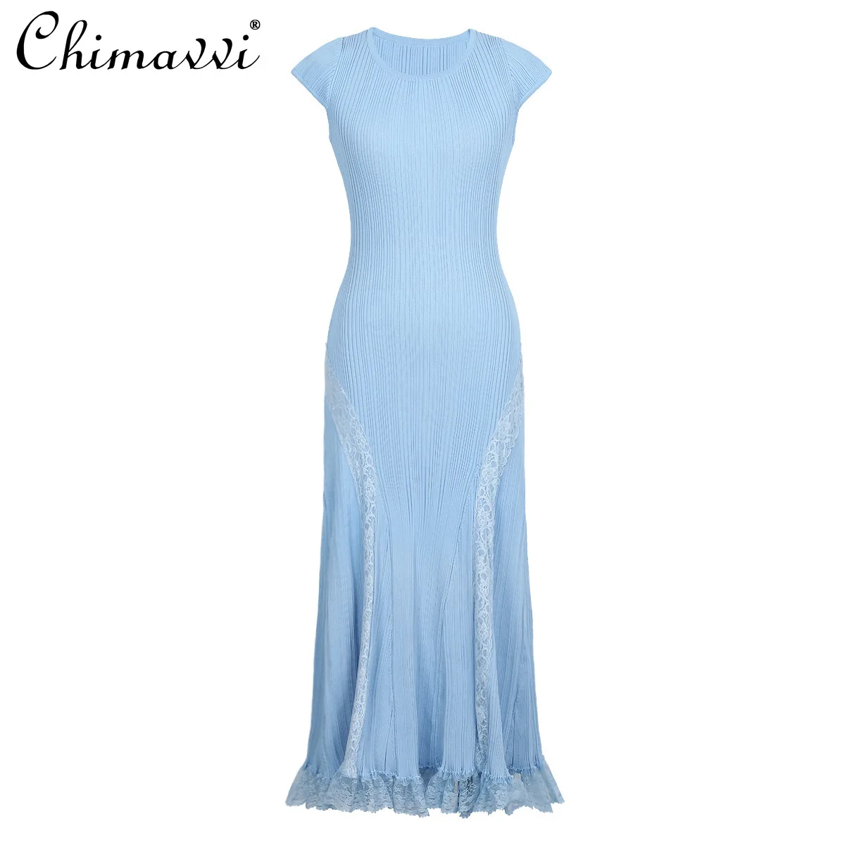 

2025 Summer Clothes New Fashion Knitted Short-sleeved Lace Dress Femininity Short Slim-fitting Elegant Long Dresses Women