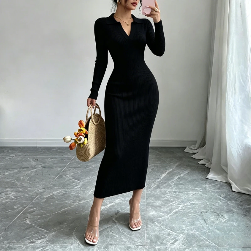 Damen Maxi-Strickkleid mit Polokragen, elastischem Rippband, langen Ärmeln, figurbetont, elegantes Pulloverkleid, Damen-Party- und Freizeitoutfit – Detail 3