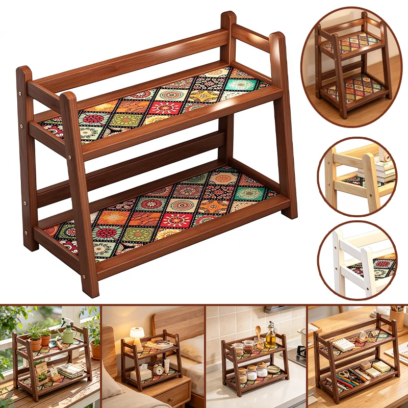 Boho 2-Tier Desk Organizer Shelf Floral Patchwork with Guardrail Desktop Book Stationery Holder for Study Room Office Kitchen