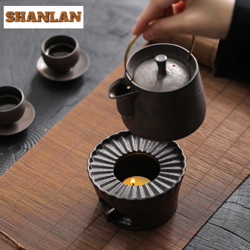 Handmade Gilded Iron Rust Glaze Tea Warmer Stove Striped Insulation Candle Heating Furnace Base Warm Drink Wine Boiler Teaware