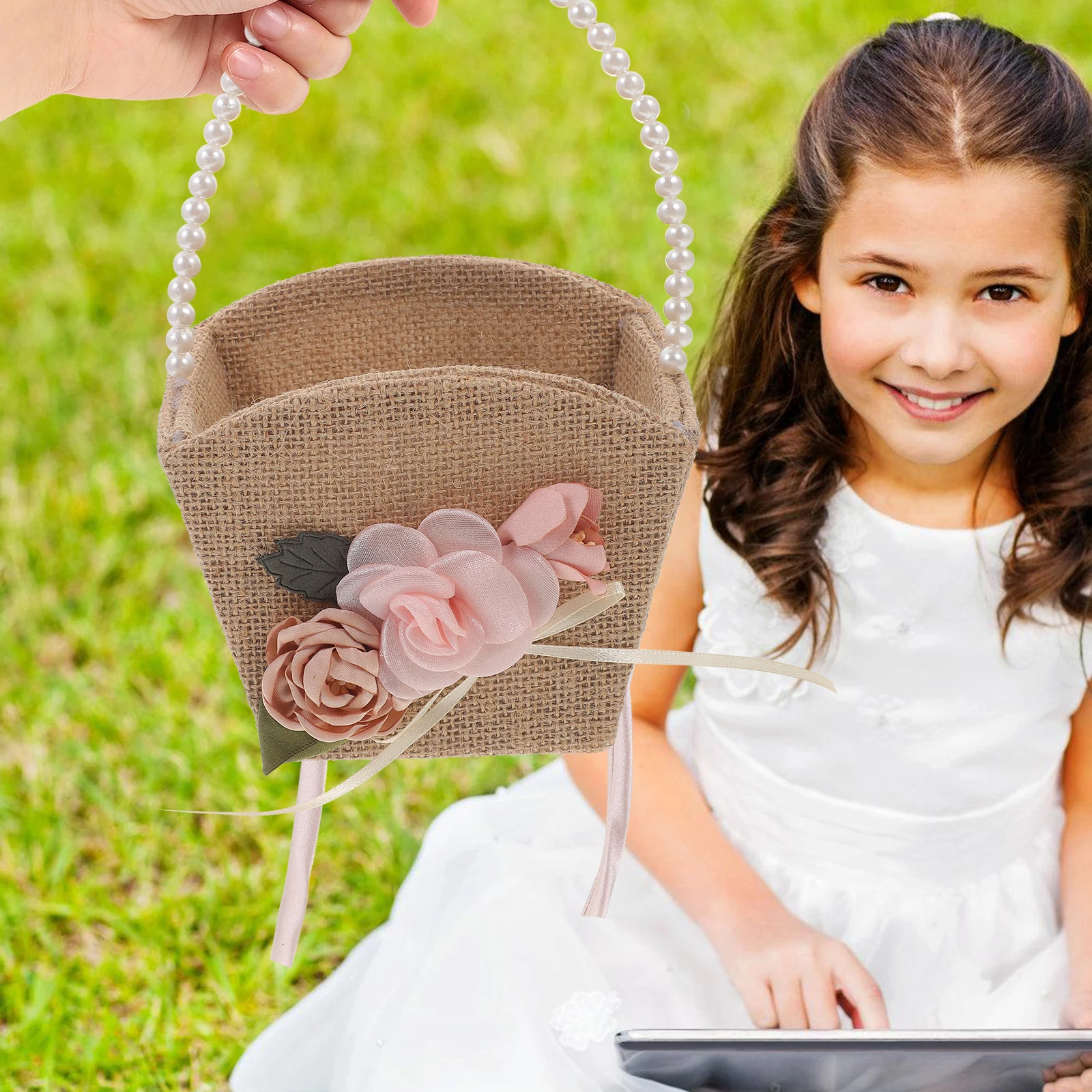 

Wedding Party Children Flower Basket Pink Coffee 135x21cm Safe Light Material Satin Pearl Decor Gift Trendy Beach House