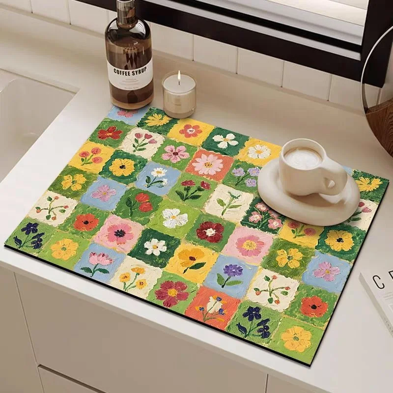 VIKAMA Oil Painting Diatomite Mat, Non-Slip Absorbent Kitchen Drain Pad, Quick Dry Counter Mat for Coffee Machine Decor