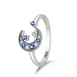 Creative 925 Sterling Silver Blue Stars Moon No Size Adjustable Ring Women's Beach Party Jewelry Accessories