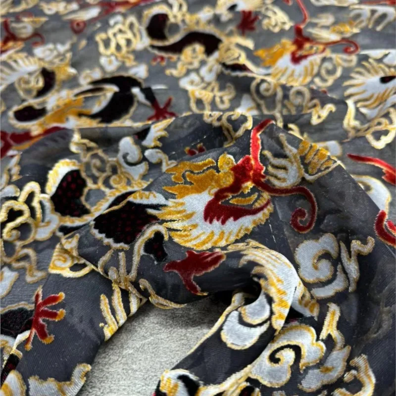 Silk velvet new Chinese cheongsam half skirt Hanfu dress fabric black micro transparent