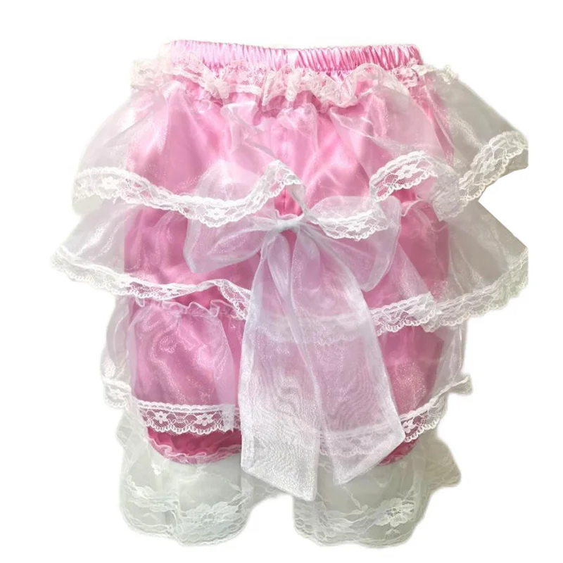 French Sexy Adult Customized Fetishist Crossdressing Sissy White Organza Spliced Pink Satin Lace Fold Bow Inlaid Shorts