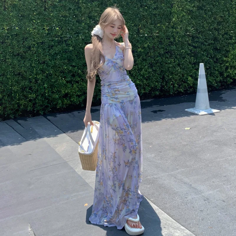 

Весна/Лето 2022, романтическое маленькое свежее цветочное платье разных цветов, коллекция на талии, отпускной стиль, висящий ремень на шею, большое платье для пения