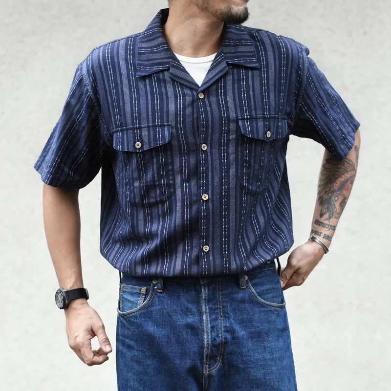 

Men’s Jacquard Cuban Collar Short Sleeve Shirt Vintage Striped Casual Summer Shirt for Men