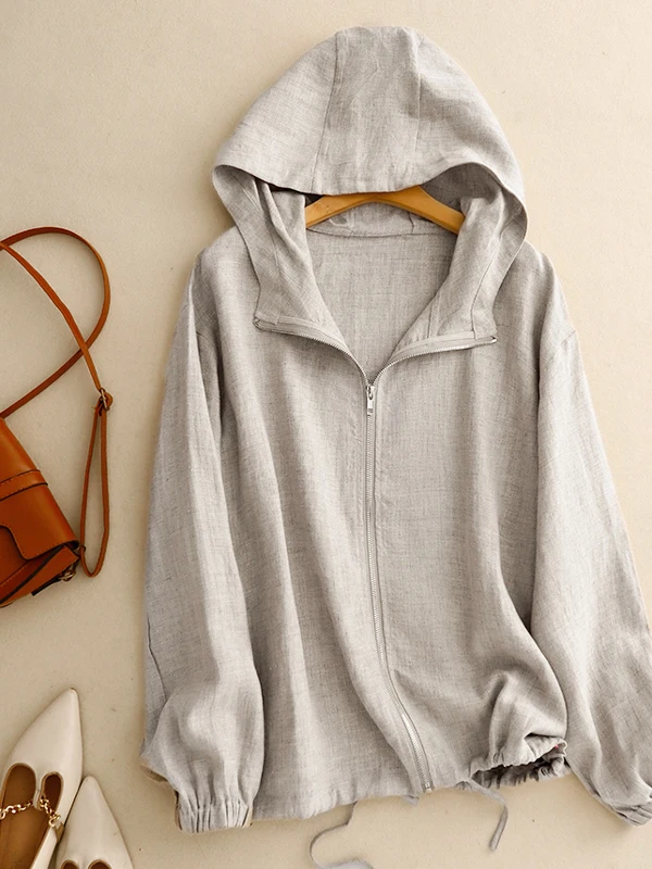 

Lightweight Breathable Cotton Linen Jaet Large Size Women's Dstring Hem Zipper Hooded Sun Protection Top Pure Color