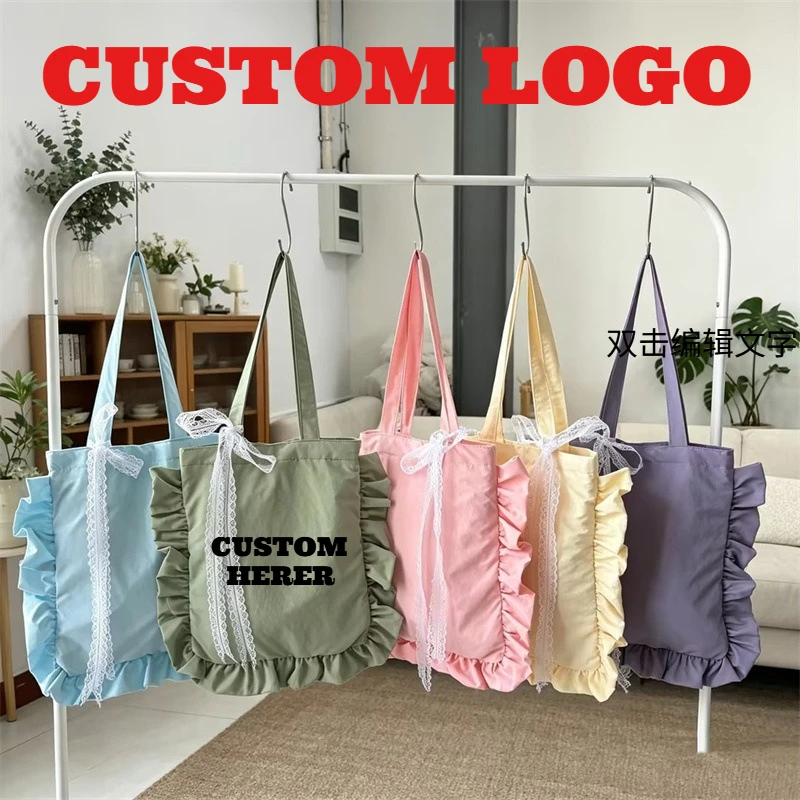 Custom Print Logo Korean Pleated Ruffle Lace Shoulder Bag Solid Color Nylon Tote Bag Cute Women's Large Capacity Shopping Bags