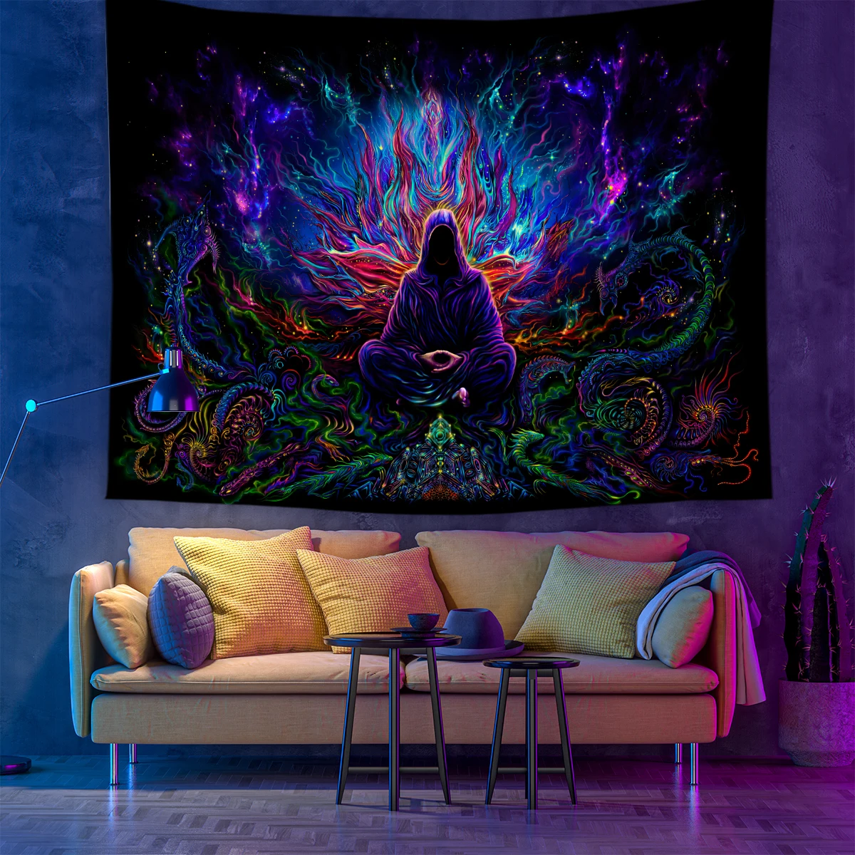 Psychedelischer Schwarzlicht-Hexerei-Wandteppich, UV-reaktive Hippie-Wandbehang, Gott, Meditation, Wandteppiche, im Dunkeln leuchtende Poster