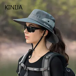 Sombrero de pescador con cola de caballo para mujer, gorra de sol impermeable de Color puro para viajes al aire libre, pesca, escalada, senderismo, sombrero de cubo de ala grande, moda