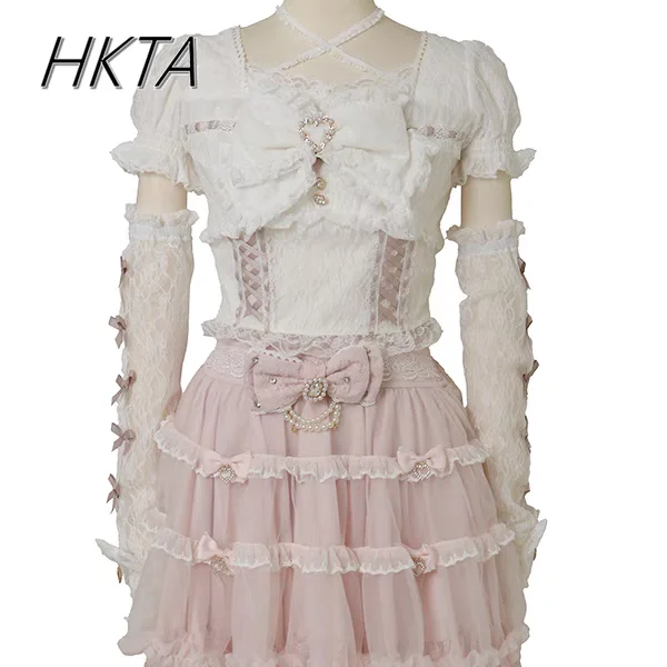 اليابانية الحلو الصناعة الثقيلة الربط كم حزام مقوس دانتيل قميص دانتيل الصيف الخريف جديد مطاطا سليم طويل الأكمام التي شيرت