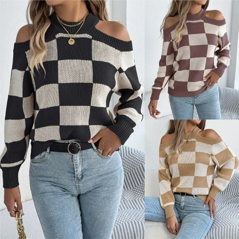

Autumn/Winter 2025 New Casual Off Shoulder Color Contrasting Checkered Lantern Long Sleeve Warm Sweater Pull Femme Automne