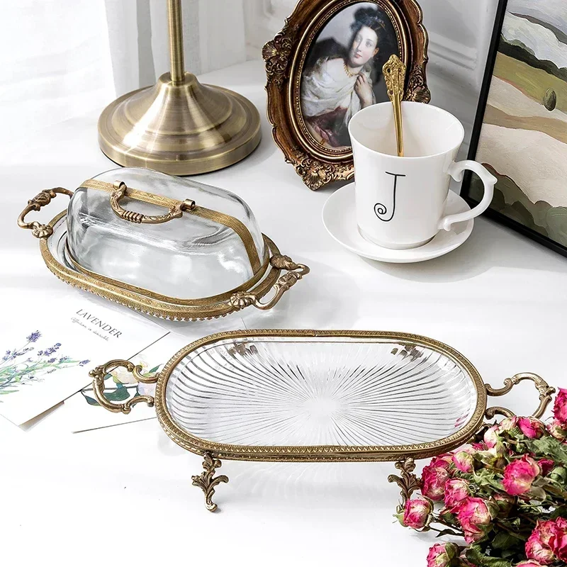 High Quality Brass Glass Tray Fruit Dim sum Dried Fruit Storage Tray Bedroom Tea Table Jewelry Aromatherapy Tray