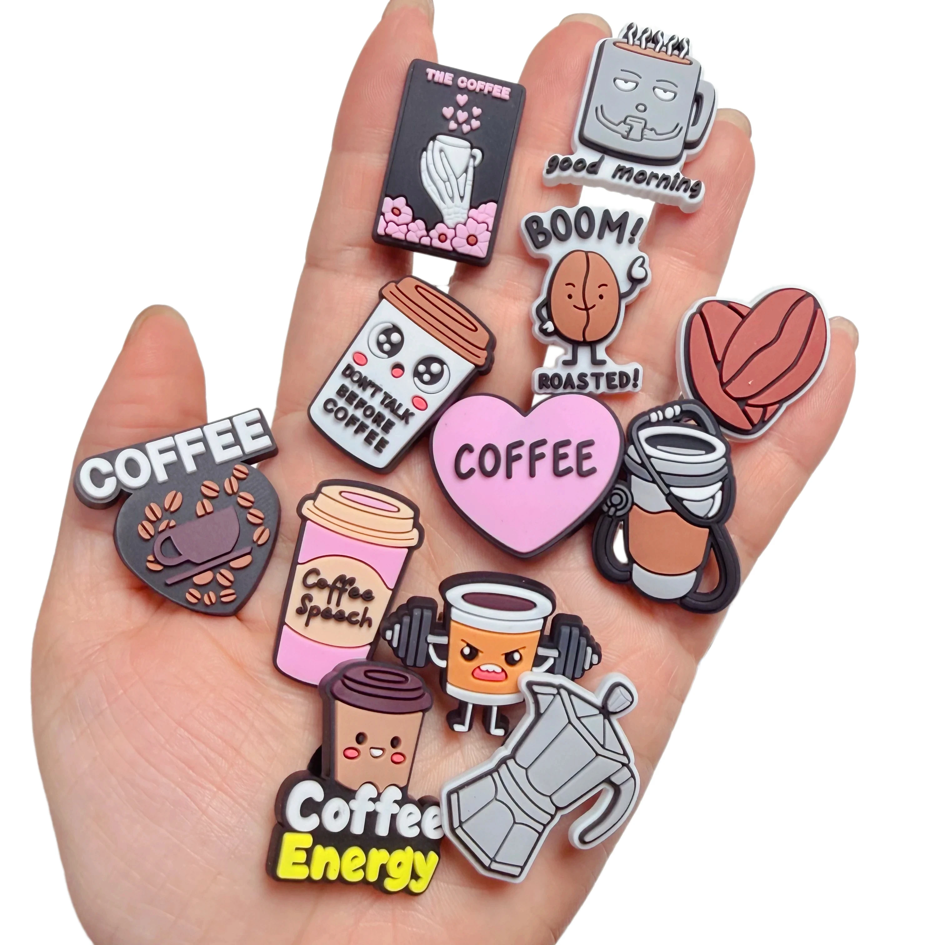20-100Pcs Coffee First Adulting Later PVC Unisex Shoe Charms Coffee Beans Sandals Accessories Fit Birthday Gifts