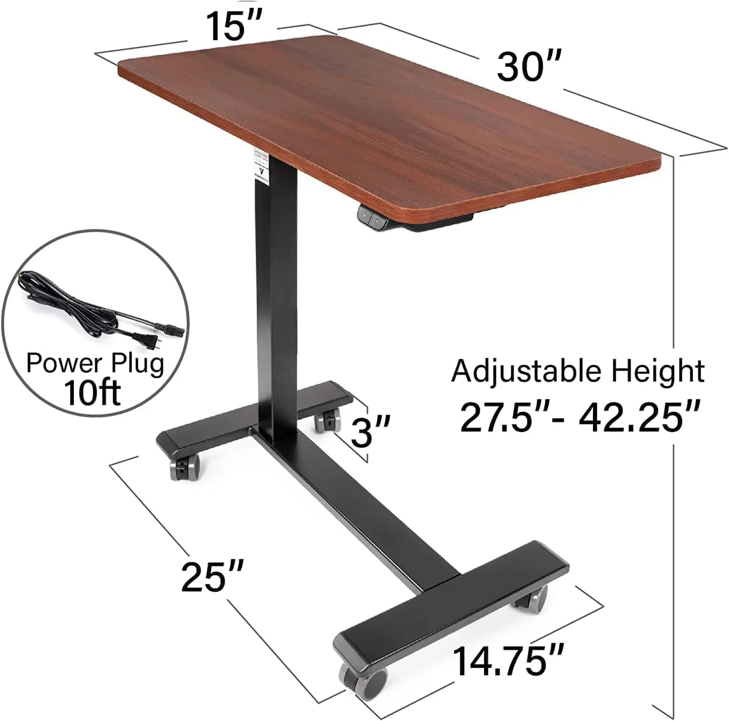 Electric Overbed Table Bedside Height Adjustable Table with Wheels (Electric-Powered, Hospital and Home Use)