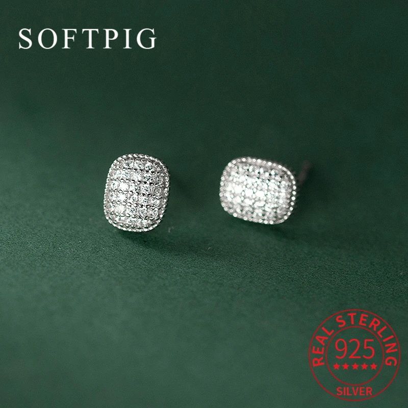 

SOFTPIG Real 925 Sterling Silver Full Zircon CZ Geometric Stud Earrings for Women Classic Fine Jewelry Minimalist Accessories