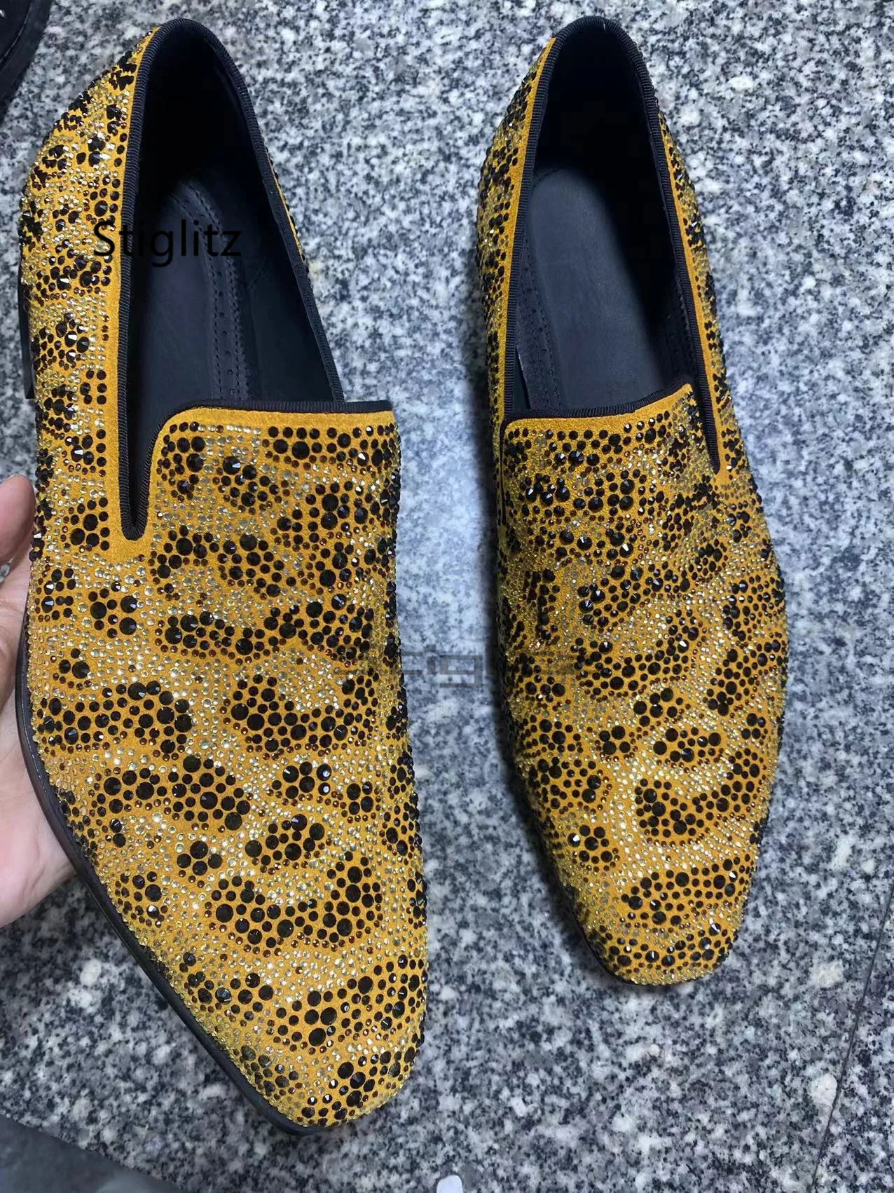 Gold Suede Bling Bling Rhinestone Loafers Men Luxury Design Leather Party Wedding Dress Shoes Slip On Flats Men's Shoes Autumn