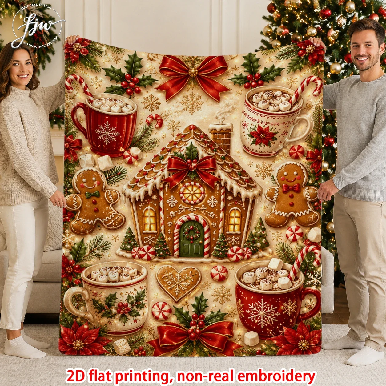 1pcs Christmas Gingerbread House Throw Blanket, Coppy Winter Holiday Fleece Blanket for Sofa Bed Christmas Decor Gift