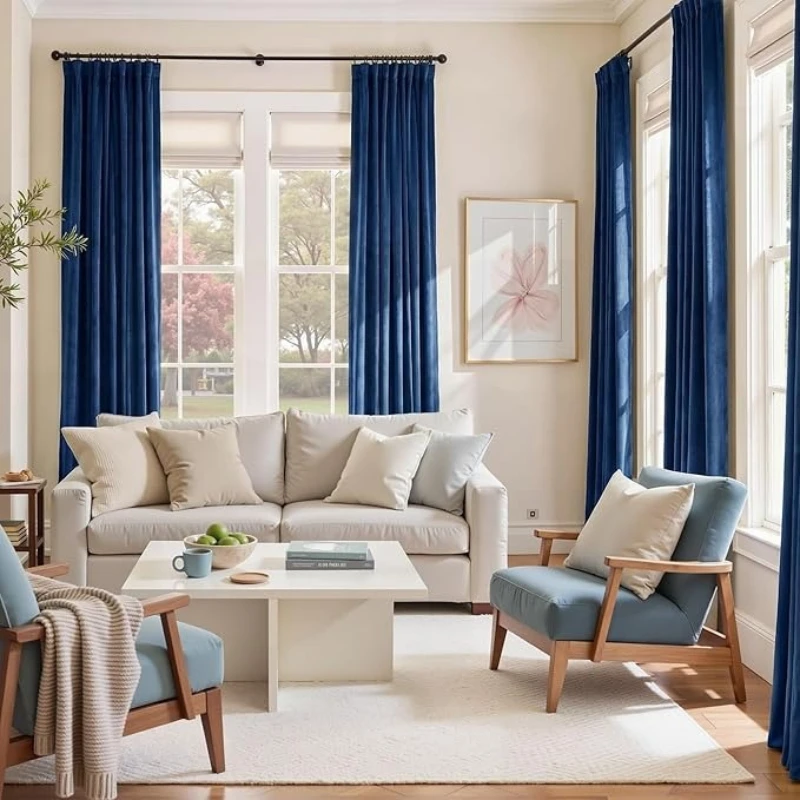 1pc Royal Blue Color Curtains for Living Room Velvet Material Warm Retro Bedroom Windows Door Decoration Luxurious Drapes