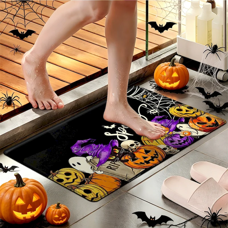 VIKAMA Halloween Witch Black Cat Pumpkin Carpet Entrance Channel Soft Floor Mat Kitchen Anti slip Carpet Home Decoration