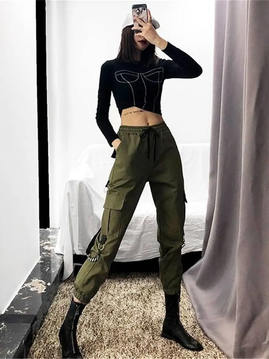 Schwarz Cargo Hosen Frauen Casual Jogger Hohe Taille Lose Weibliche Hip Hop Hosen Koreanische Punk Hosen Lustige Capri Streetwear Femme