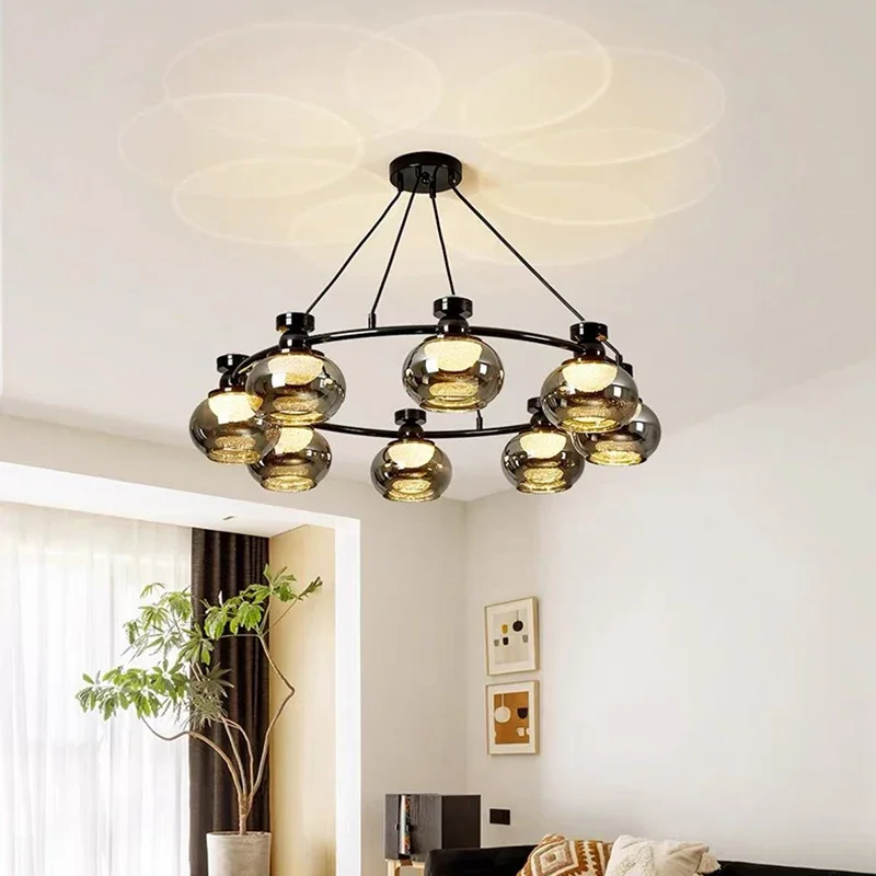 Modern Black Ring-shaped Wrought Iron Pendant Light Rotundity Glass Hanging Lamp Living Room Bedroom Restaurant Hotel Chandelier