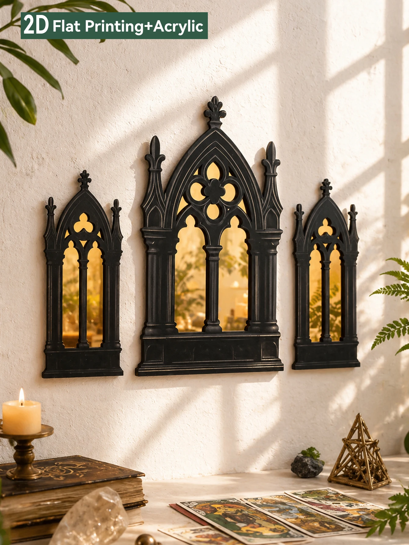 3Pcs Black Gothic Cathedral Wall Mirror, Ornate Window-Shaped Acrylic Mirror,Wall Art for Witchy & Dark Academia Room Decor Gift view 4